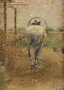 Nils Kreuger Labor  horse pulling a threshing machine oil painting